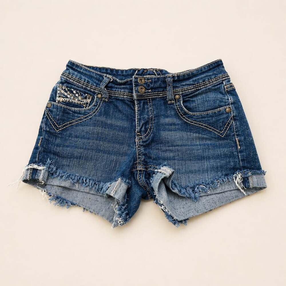 Ariya Y2K Embroidered Denim‎ Shorts Low Rise Frayed Festival 25